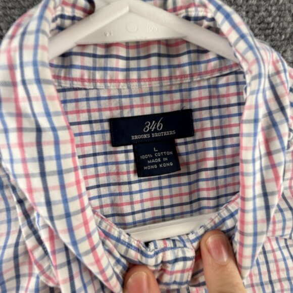 Brooks Brothers Pink Blue Check Long Sleeve Button Up Shirt Large Woven Cotton - Picture 8 of 14